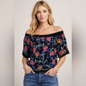 Karen Kane Floral Embroidered Off-Shoulder Blouse Top SMALL